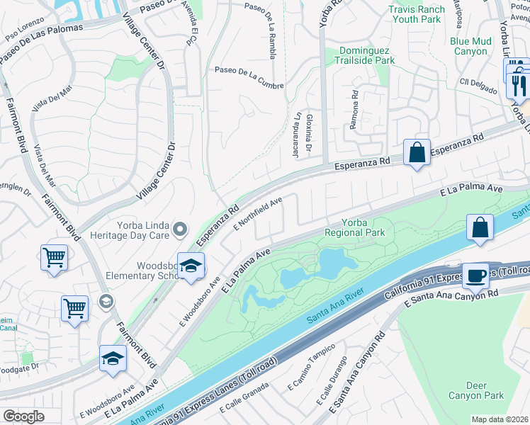 map of restaurants, bars, coffee shops, grocery stores, and more near 1270 Piedmont Drive in Anaheim