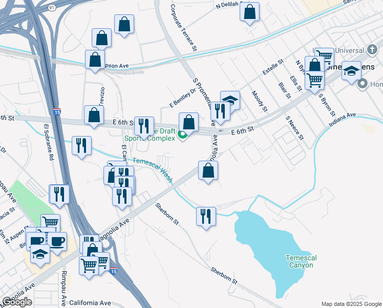 map of restaurants, bars, coffee shops, grocery stores, and more near 1540 East 6th Street in Corona
