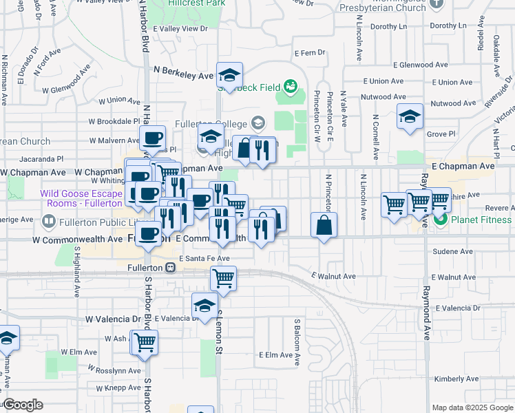 map of restaurants, bars, coffee shops, grocery stores, and more near in Fullerton