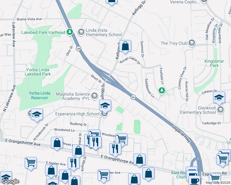 map of restaurants, bars, coffee shops, grocery stores, and more near 1916 North Pinecove Circle in Anaheim