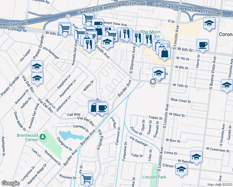 map of restaurants, bars, coffee shops, grocery stores, and more near 1119 Greenhill Way in Corona