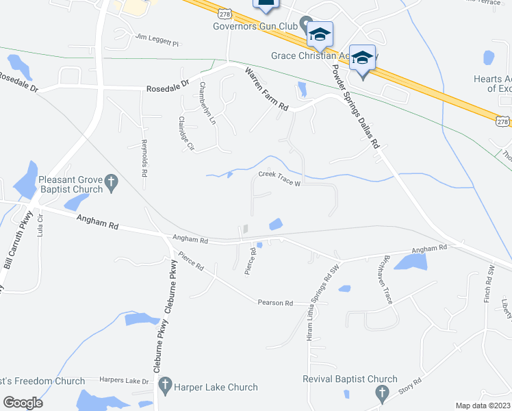 map of restaurants, bars, coffee shops, grocery stores, and more near 3169 Creek Trace West in Hiram