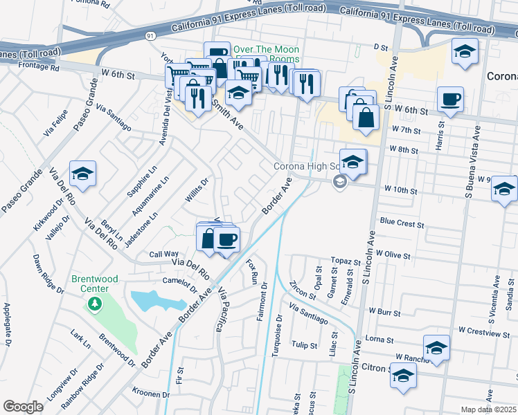 map of restaurants, bars, coffee shops, grocery stores, and more near 1119 Greenhill Way in Corona