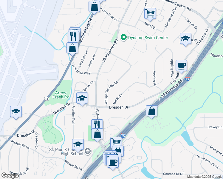 map of restaurants, bars, coffee shops, grocery stores, and more near 2861 Whispering Hills Drive in Atlanta