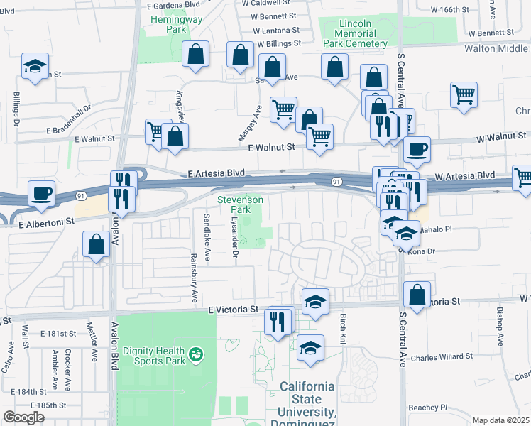 map of restaurants, bars, coffee shops, grocery stores, and more near 17503 Prondall Court in Carson