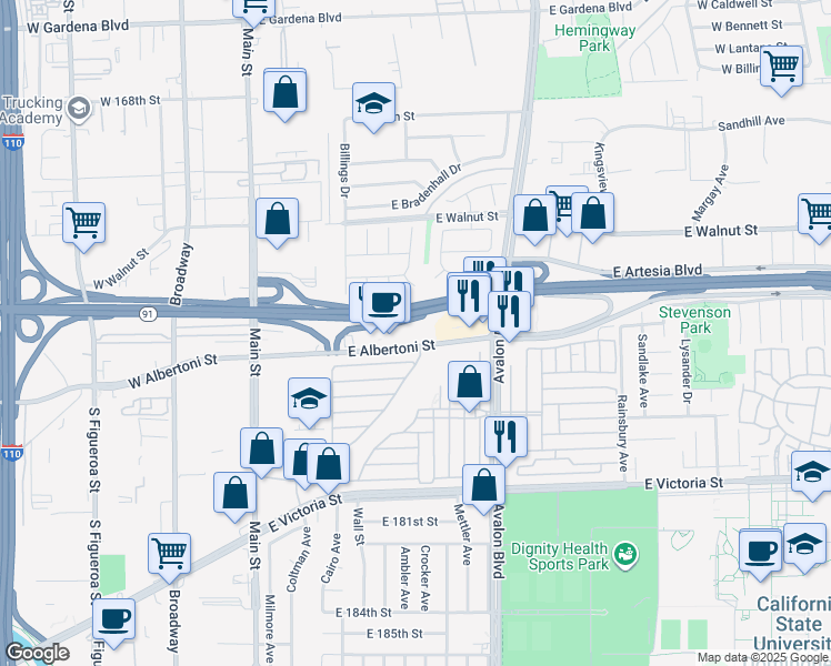 map of restaurants, bars, coffee shops, grocery stores, and more near 401 East Albertoni Street in Carson
