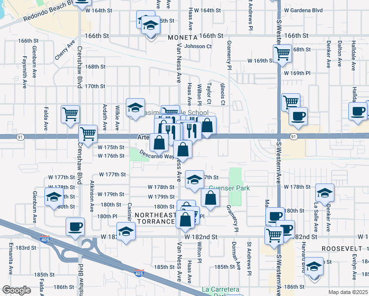 map of restaurants, bars, coffee shops, grocery stores, and more near 17450 Van Ness Avenue in Torrance
