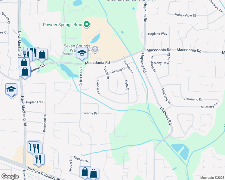 map of restaurants, bars, coffee shops, grocery stores, and more near 3151 Kipling Drive in Powder Springs