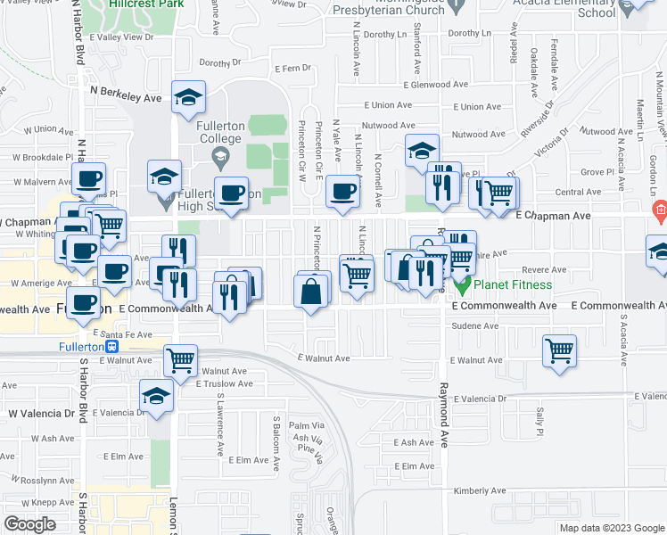 map of restaurants, bars, coffee shops, grocery stores, and more near 127 North Yale Avenue in Fullerton