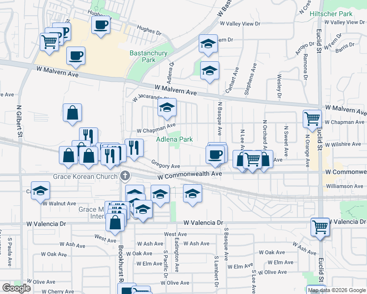 map of restaurants, bars, coffee shops, grocery stores, and more near 220 North Martha Place in Fullerton