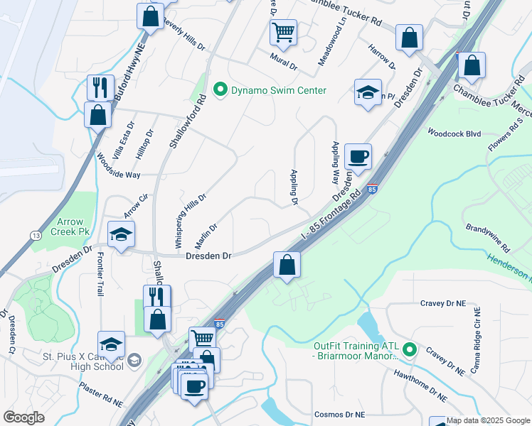 map of restaurants, bars, coffee shops, grocery stores, and more near 2866 Dresden Square Drive in Atlanta