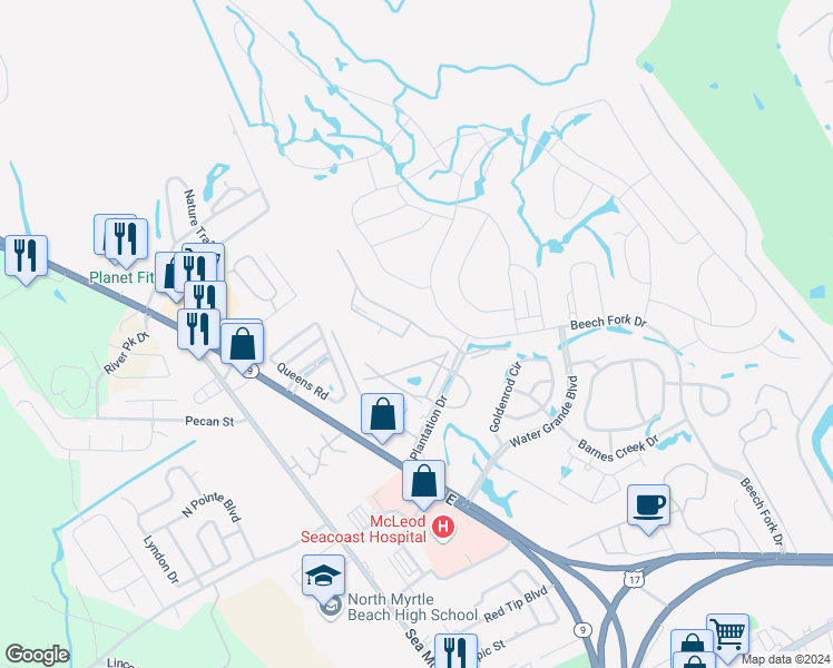 map of restaurants, bars, coffee shops, grocery stores, and more near 1095 Plantation Drive in Little River