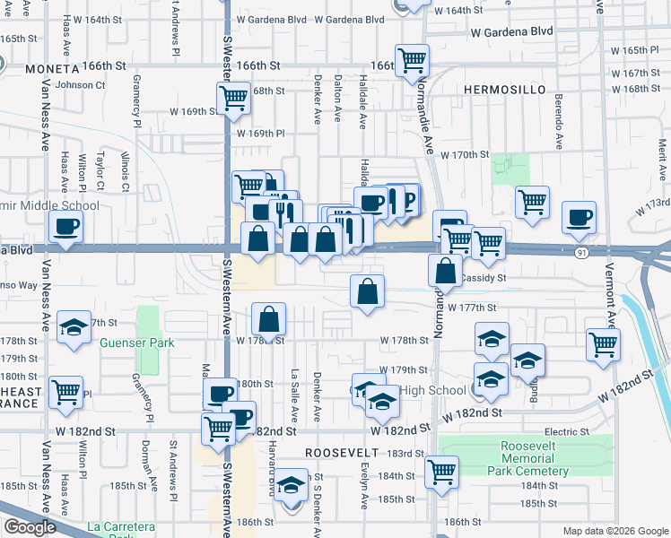 map of restaurants, bars, coffee shops, grocery stores, and more near 1540 West Artesia Square in Gardena