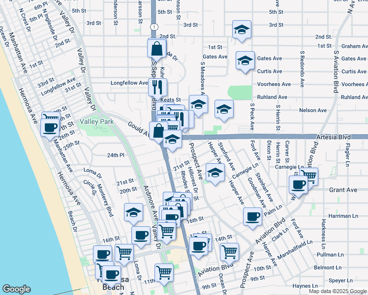 map of restaurants, bars, coffee shops, grocery stores, and more near North Prospect Avenue in Hermosa Beach