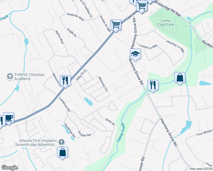 map of restaurants, bars, coffee shops, grocery stores, and more near 6584 Mimosa Circle in Tucker