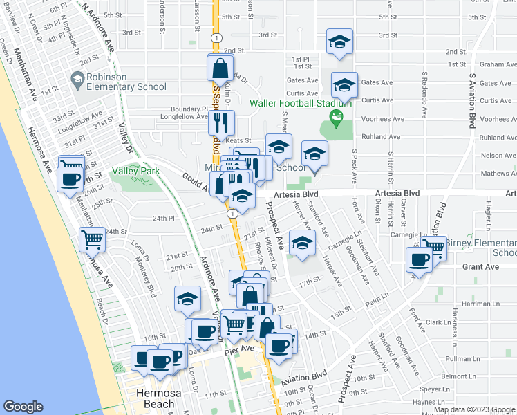map of restaurants, bars, coffee shops, grocery stores, and more near 917 24th Street in Hermosa Beach