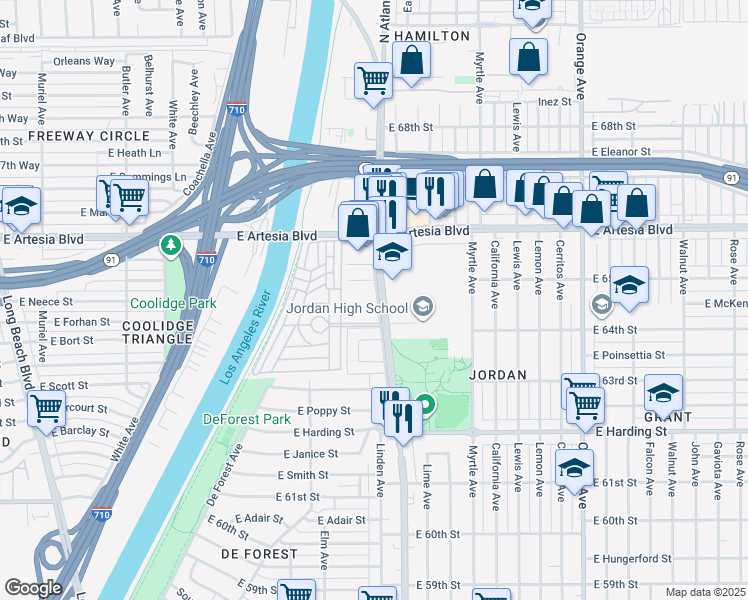 map of restaurants, bars, coffee shops, grocery stores, and more near 6477 Atlantic Avenue in Long Beach