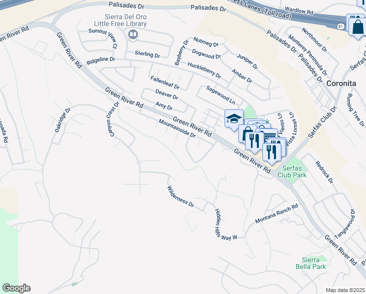 map of restaurants, bars, coffee shops, grocery stores, and more near 1212 Goldenview Drive in Corona