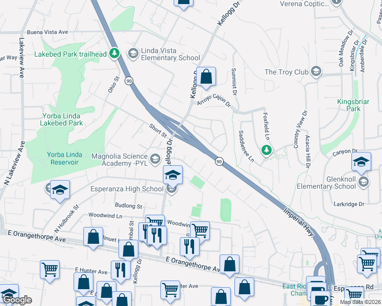 map of restaurants, bars, coffee shops, grocery stores, and more near 1916 North Pinecove Circle in Anaheim