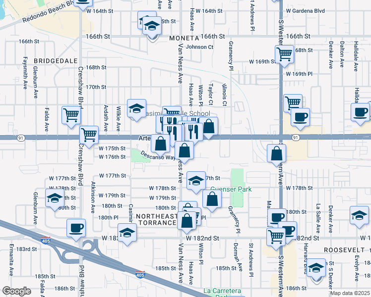map of restaurants, bars, coffee shops, grocery stores, and more near 17450 Van Ness Avenue in Torrance
