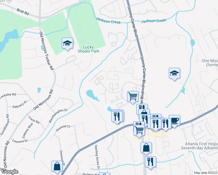 map of restaurants, bars, coffee shops, grocery stores, and more near 100 Hunters Club Lane in Norcross