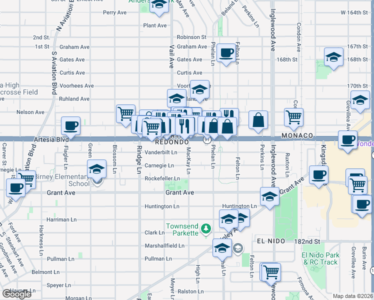 map of restaurants, bars, coffee shops, grocery stores, and more near 2323 Vanderbilt Lane in Redondo Beach