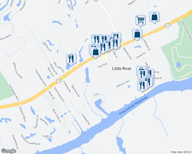 map of restaurants, bars, coffee shops, grocery stores, and more near 4355 Baldwin Avenue in Little River