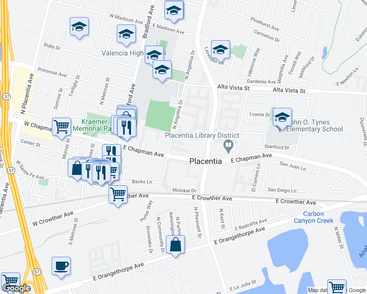 map of restaurants, bars, coffee shops, grocery stores, and more near 342 East Concord Way in Placentia