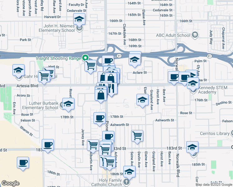 map of restaurants, bars, coffee shops, grocery stores, and more near 17510 Pioneer Boulevard in Artesia