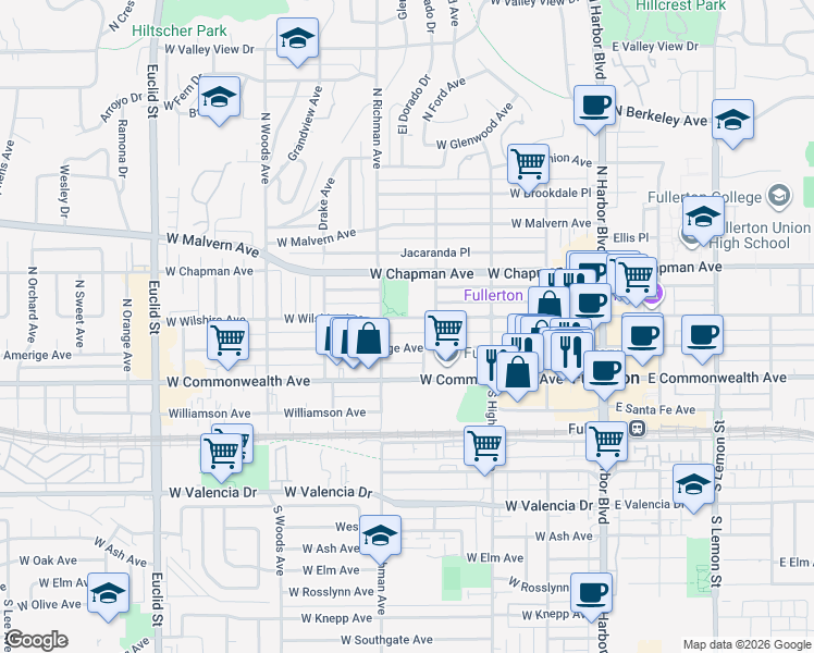 map of restaurants, bars, coffee shops, grocery stores, and more near 424 West Wilshire Avenue in Fullerton