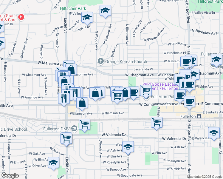 map of restaurants, bars, coffee shops, grocery stores, and more near 600 West Wilshire Avenue in Fullerton