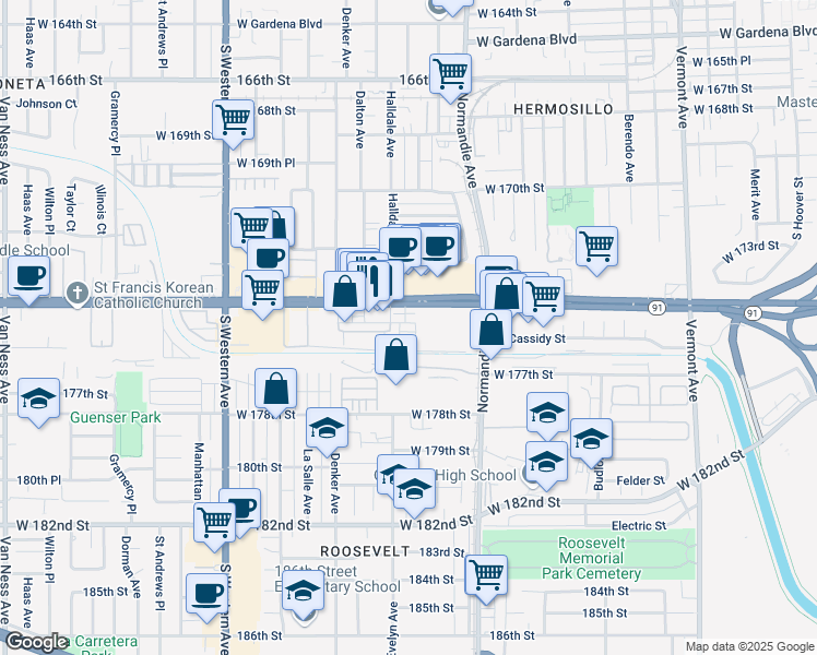 map of restaurants, bars, coffee shops, grocery stores, and more near 1508 West Artesia Square in Gardena