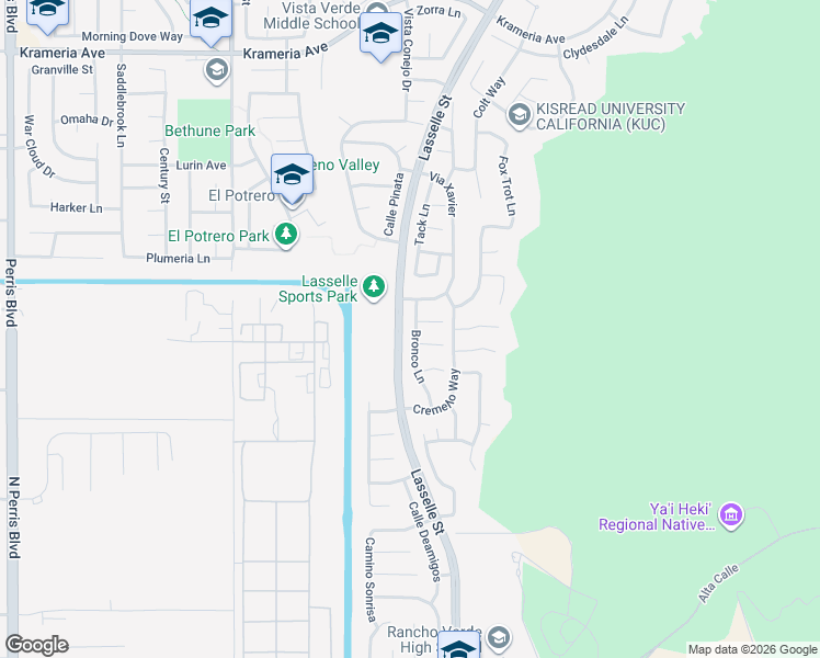 map of restaurants, bars, coffee shops, grocery stores, and more near 17193 Bronco Lane in Moreno Valley