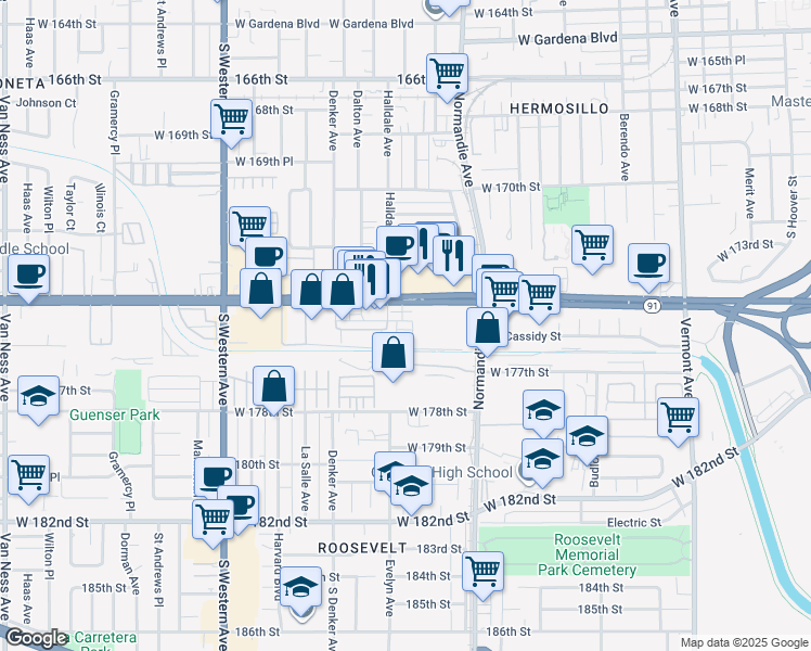 map of restaurants, bars, coffee shops, grocery stores, and more near 1508 West Artesia Square in Gardena