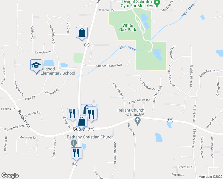 map of restaurants, bars, coffee shops, grocery stores, and more near 35 King George Court in Dallas