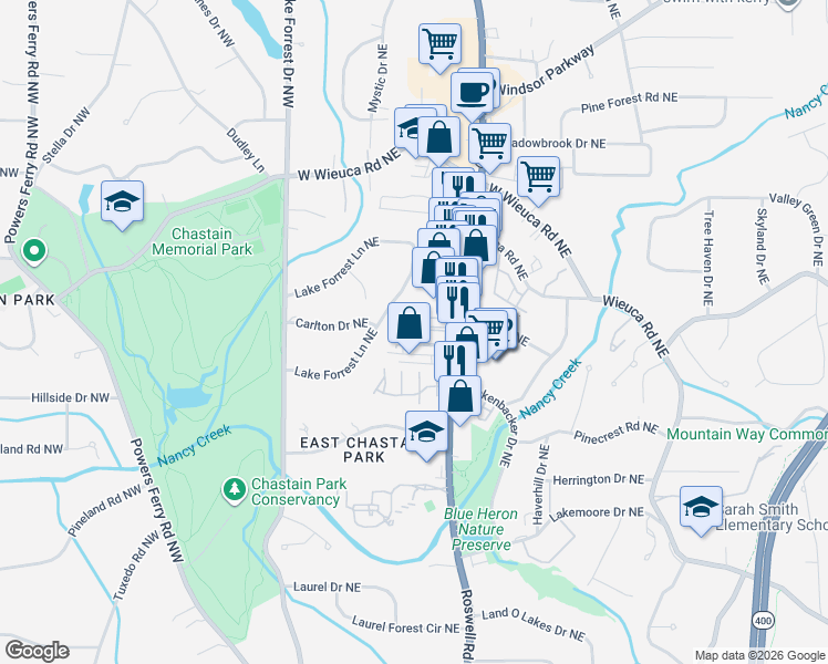 map of restaurants, bars, coffee shops, grocery stores, and more near 4266 Roswell Road Northeast in Atlanta