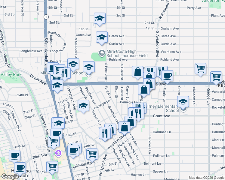 map of restaurants, bars, coffee shops, grocery stores, and more near 1733 Dixon Street in Redondo Beach