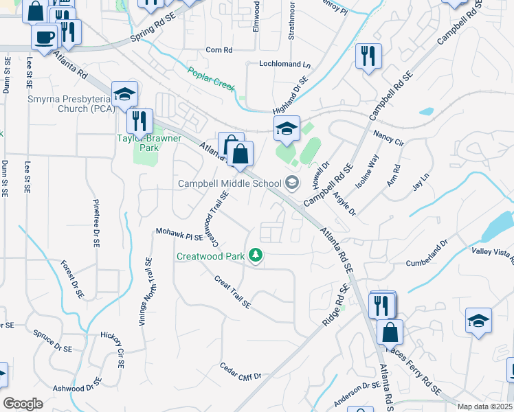 map of restaurants, bars, coffee shops, grocery stores, and more near 3463 Vintage Circle Southeast in Smyrna
