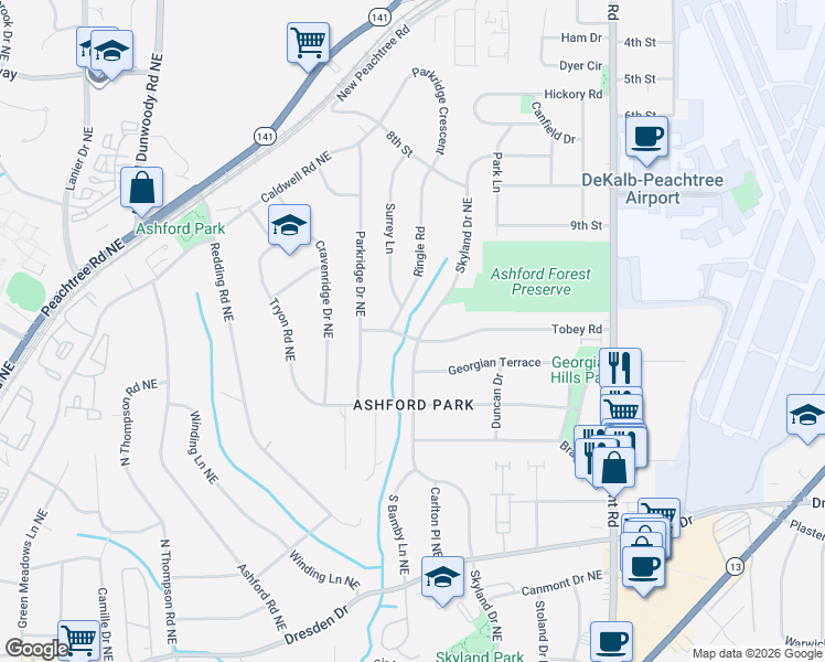 map of restaurants, bars, coffee shops, grocery stores, and more near 1739 Tobey Road in Chamblee