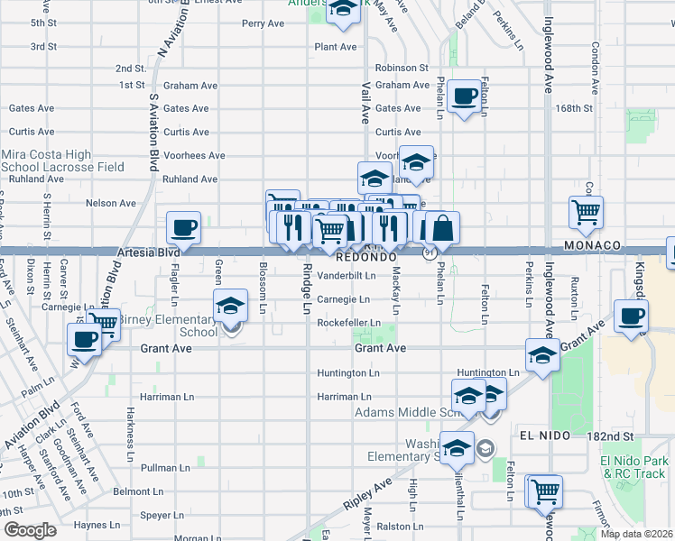 map of restaurants, bars, coffee shops, grocery stores, and more near 2213 Carnegie Lane in Redondo Beach