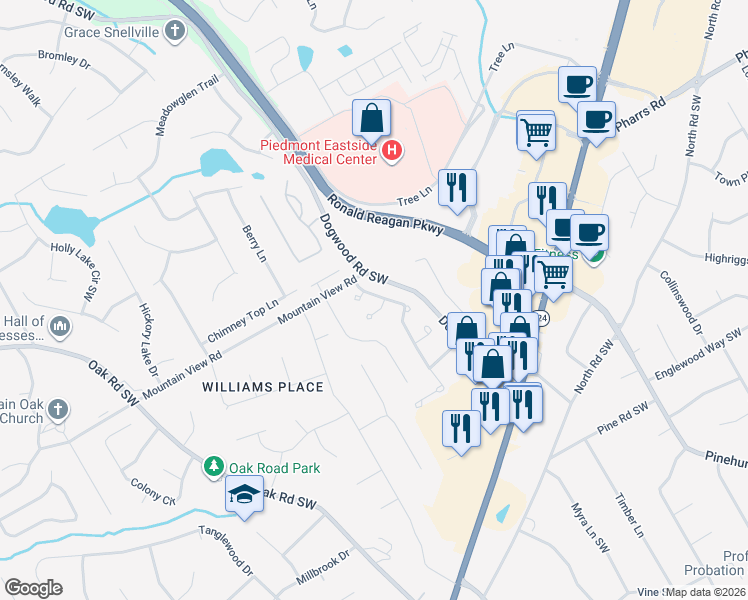 map of restaurants, bars, coffee shops, grocery stores, and more near 1845 Stockton Walk Ln in Snellville