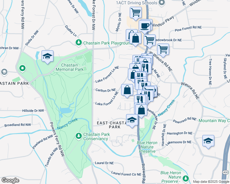 map of restaurants, bars, coffee shops, grocery stores, and more near 290 Lake Forrest Lane Northeast in Atlanta