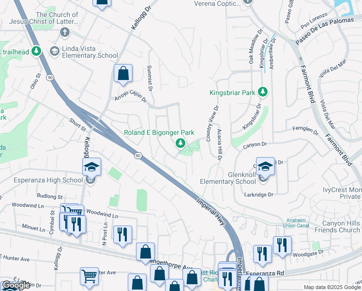 map of restaurants, bars, coffee shops, grocery stores, and more near 6172 Sandy Hill Lane in Yorba Linda