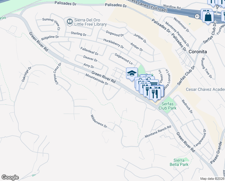 map of restaurants, bars, coffee shops, grocery stores, and more near 1221 Highcliff Circle in Corona