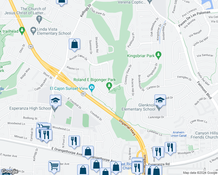 map of restaurants, bars, coffee shops, grocery stores, and more near 6172 Sandy Hill Lane in Yorba Linda