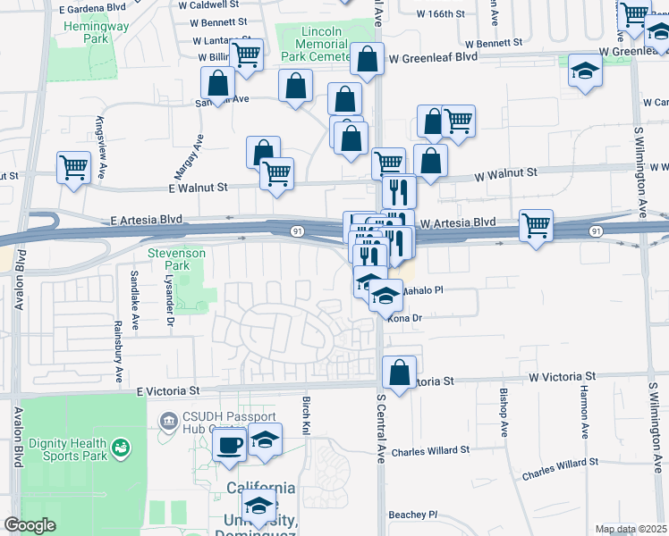 map of restaurants, bars, coffee shops, grocery stores, and more near 17515 Harwick Court in Carson
