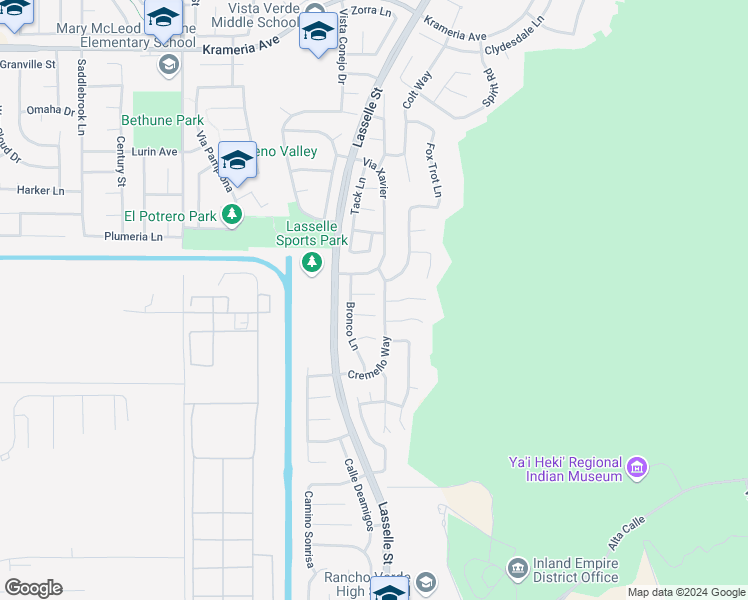 map of restaurants, bars, coffee shops, grocery stores, and more near 26045 Yearling Court in Moreno Valley