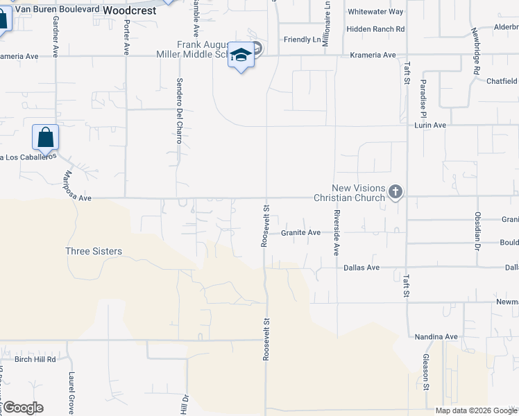 map of restaurants, bars, coffee shops, grocery stores, and more near 17165 Roosevelt Street in Riverside