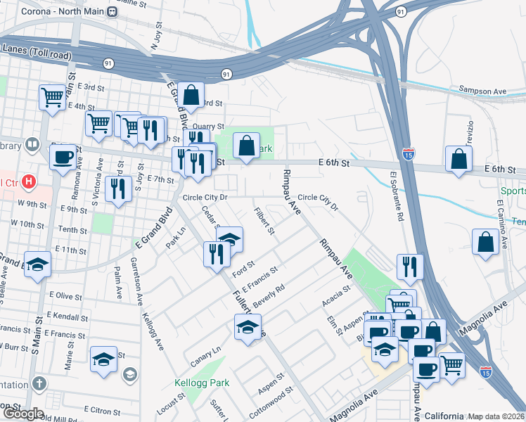 map of restaurants, bars, coffee shops, grocery stores, and more near 847 Filbert Street in Corona
