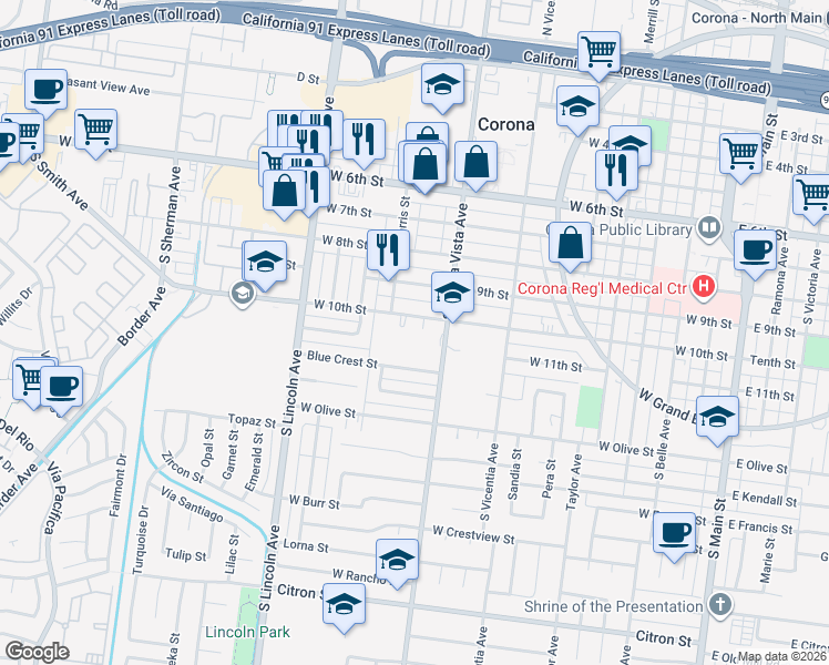 map of restaurants, bars, coffee shops, grocery stores, and more near 1110 South Buena Vista Avenue in Corona